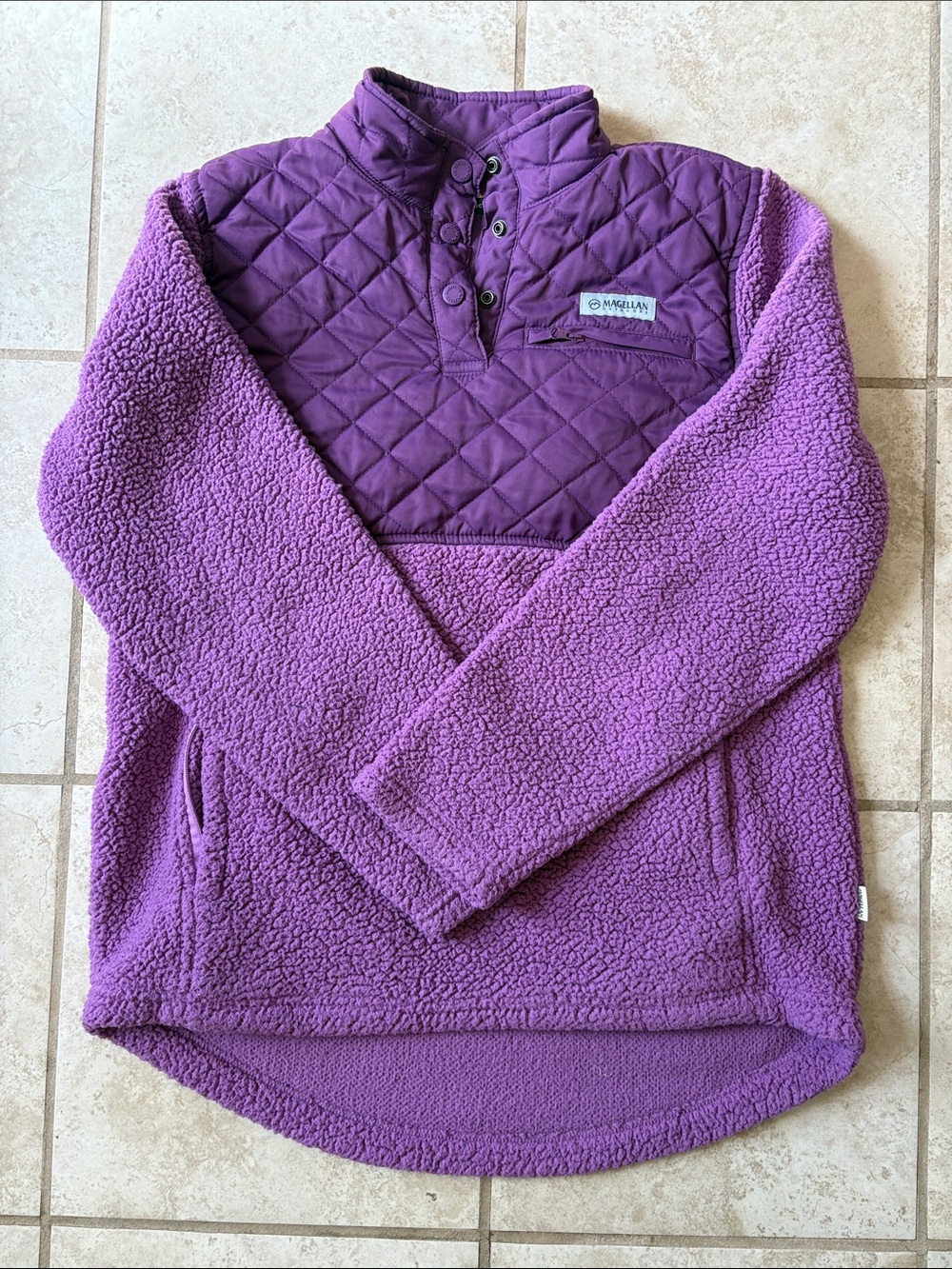 Magellan Outdoors Womenโs Purple Quilted Sherpa Pullover